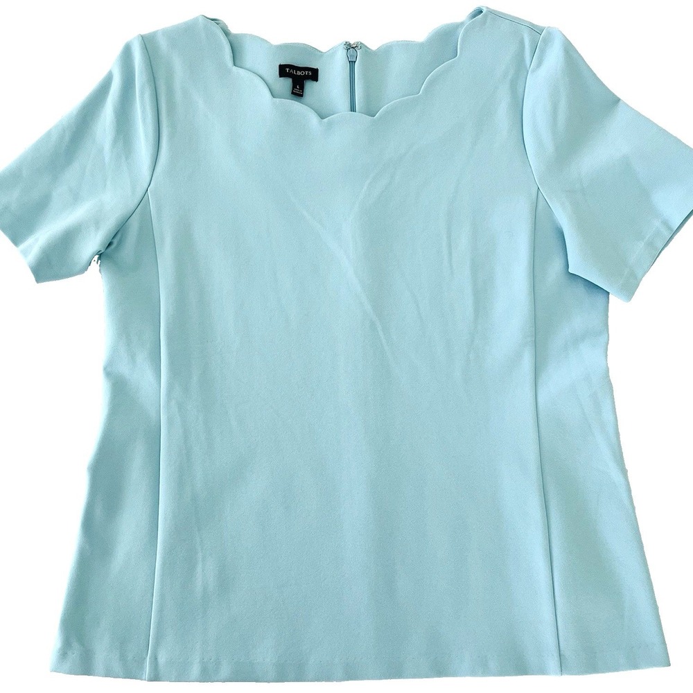 Talbots Womens Top Size L Blue Scalloped Neck Soft Stretch Short Sleeve Back Zip